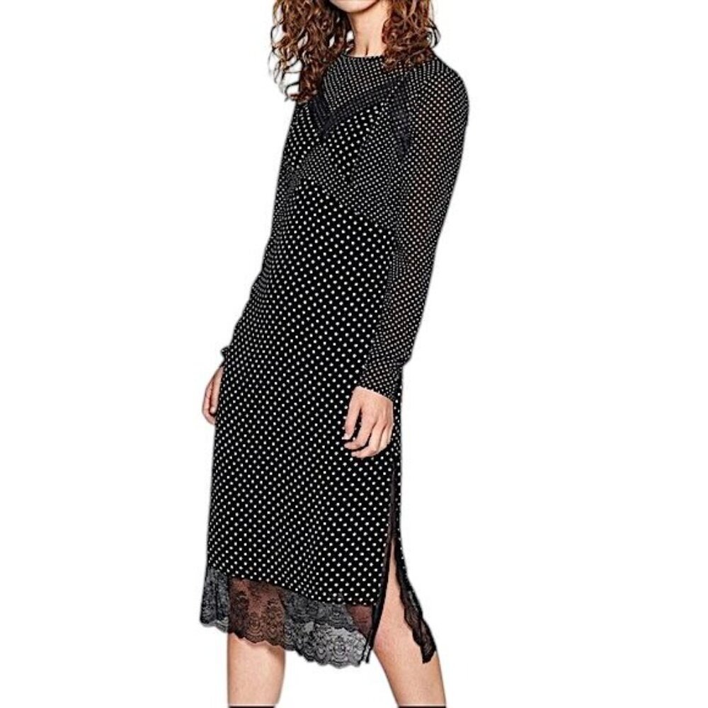 Joie Alamea Dot Mesh & Lace Midi Dress Black XS Long Sleeve NWT